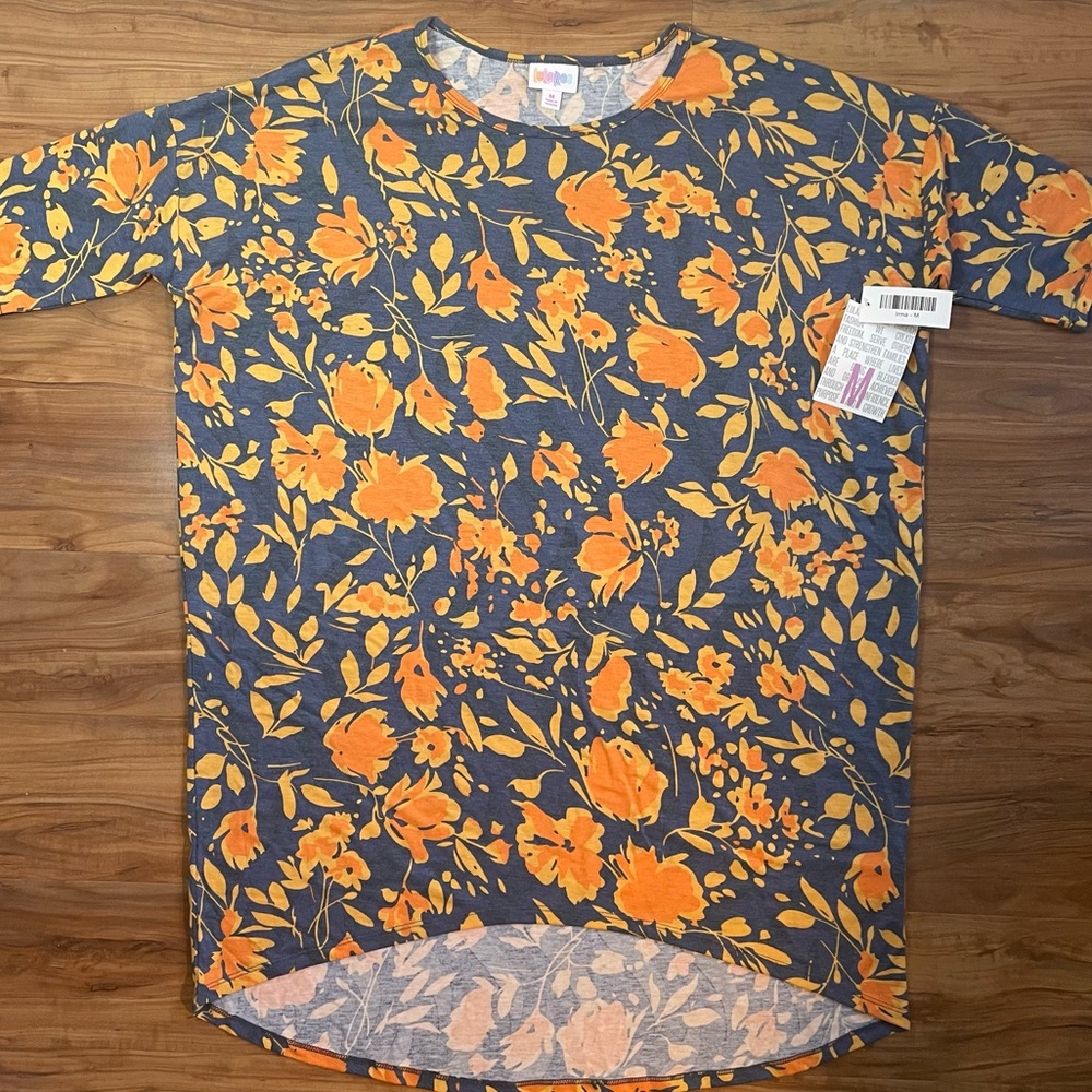 LuLaRoe M Irma Vibrant Orange and Blue Floral Tunic